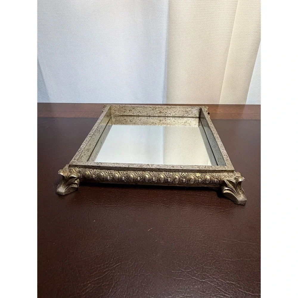 Vintage Ornate Mirrored Vanity Tray Champagne Gold Footed Perfume Jewelry Decor